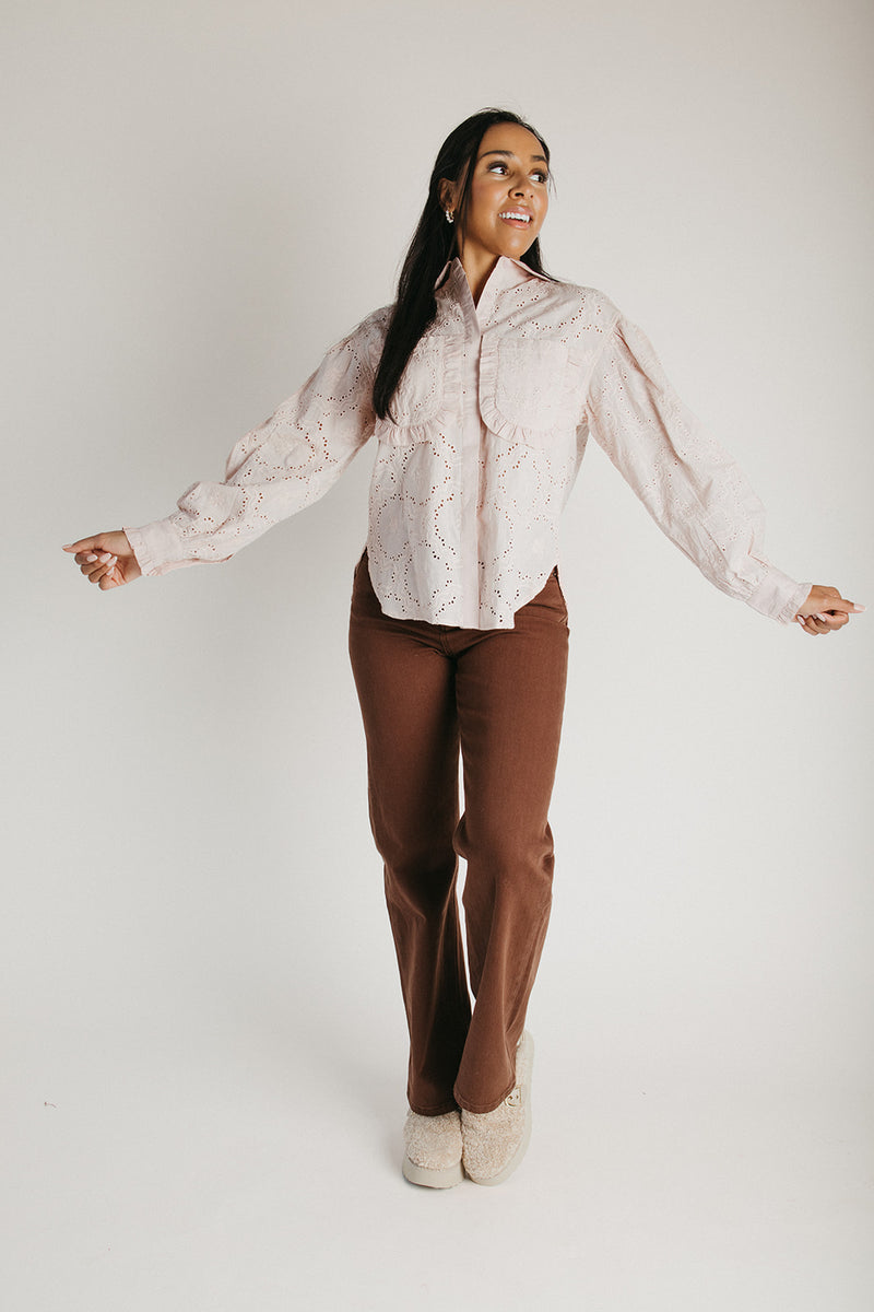 The Dasha Eyelet Button-Up Blouse in Blush