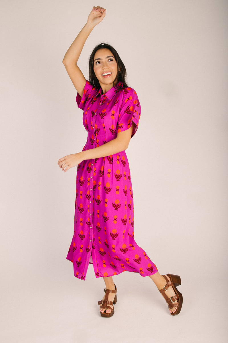 pink button up dress The Burrup Patterned Button-Up Dress in Magenta Small