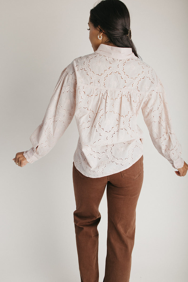 The Dasha Eyelet Button-Up Blouse in Blush