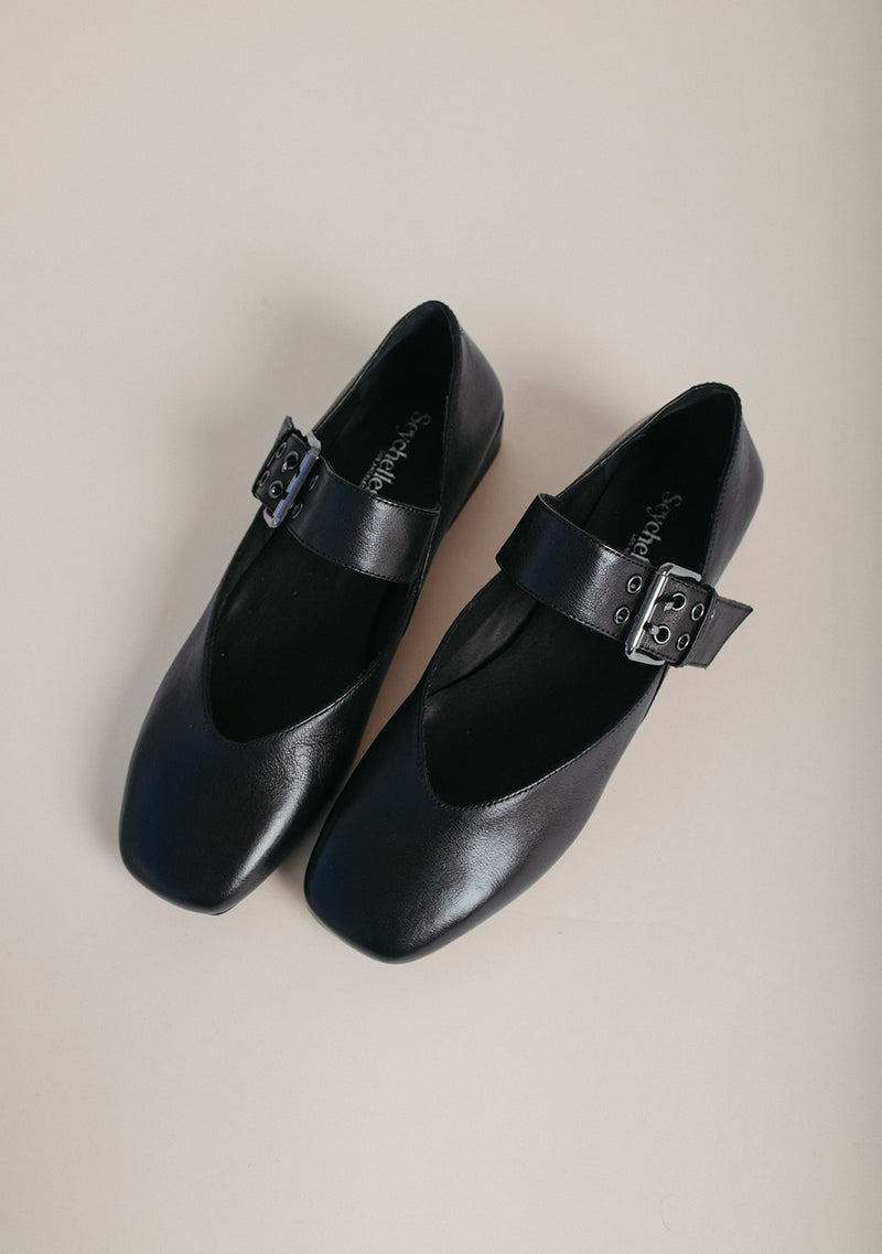 Seychelles: Petal Mary Jane Flat in Black Leather