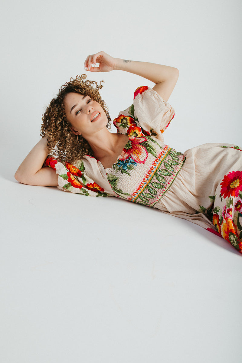 The Stowell Floral Printed Maxi Dress in Ecru Multi