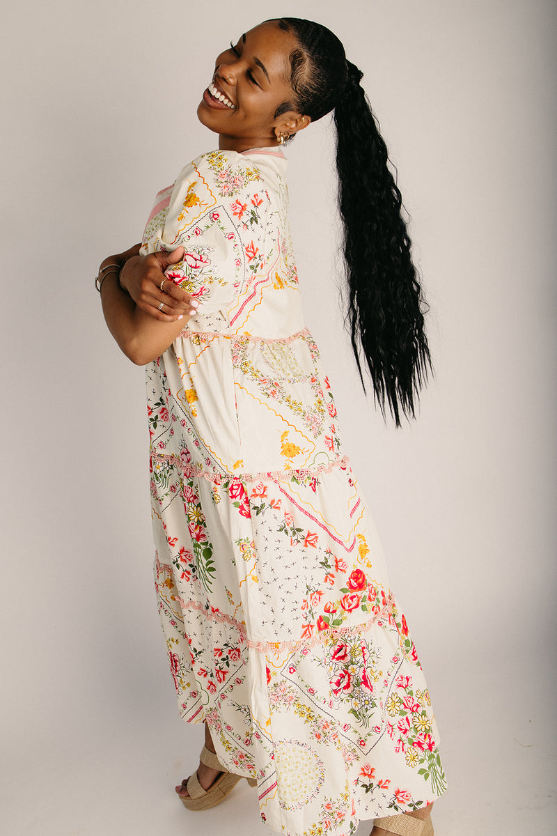 The Blazen Tiered Midi Dress in Blush + Red Floral Small