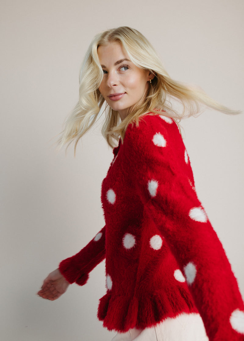 The Harkness Polka Dot Cardigan in Red