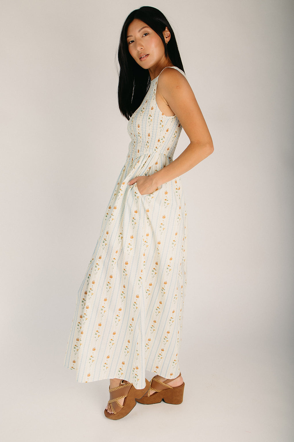 The Vega Vertical Floral Midi Dress in Chambray Multi – Piper & Scoot