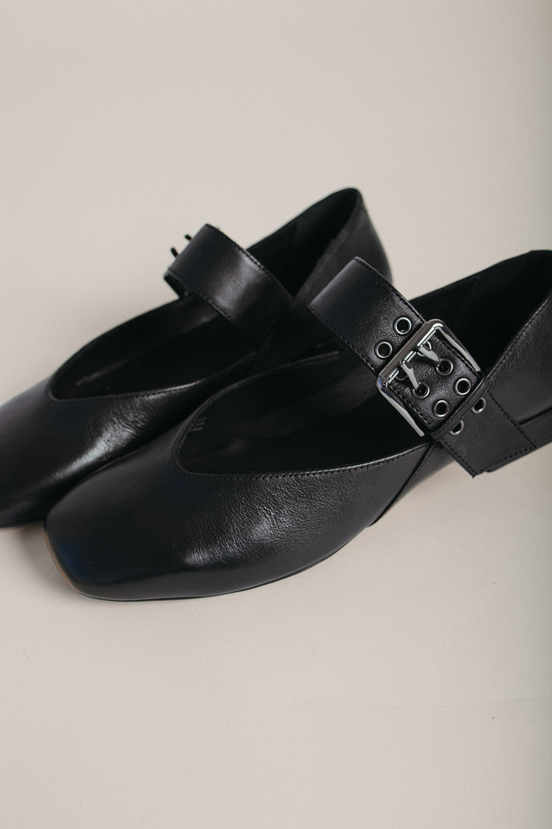 Seychelles: Petal Mary Jane Flat in Black Leather