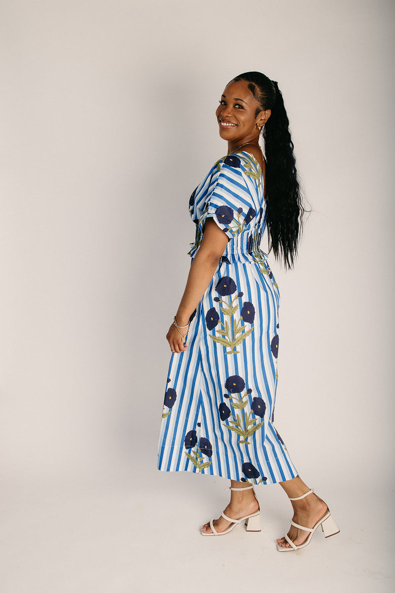 striped midi dress The Kyzar Striped Midi Dress in Blue Small