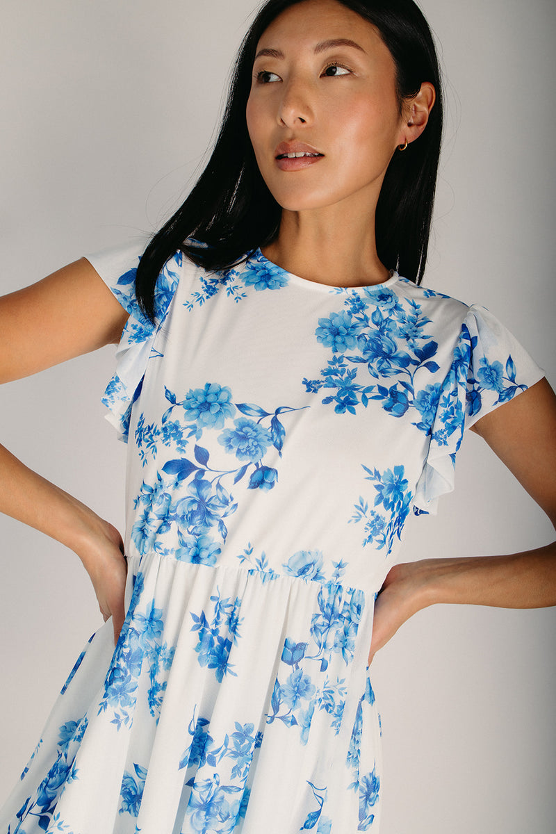 flutter sleeve midi dress The Denning Flutter Sleeve Midi Dress in Blue Floral – Piper & Scoot