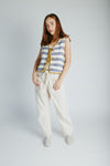 The Jannet Tie Front Vest in Cream + Blue Stripe