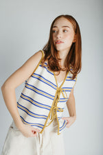 The Jannet Tie Front Vest in Cream + Blue Stripe