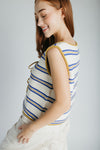The Jannet Tie Front Vest in Cream + Blue Stripe
