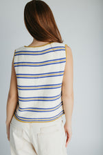The Jannet Tie Front Vest in Cream + Blue Stripe