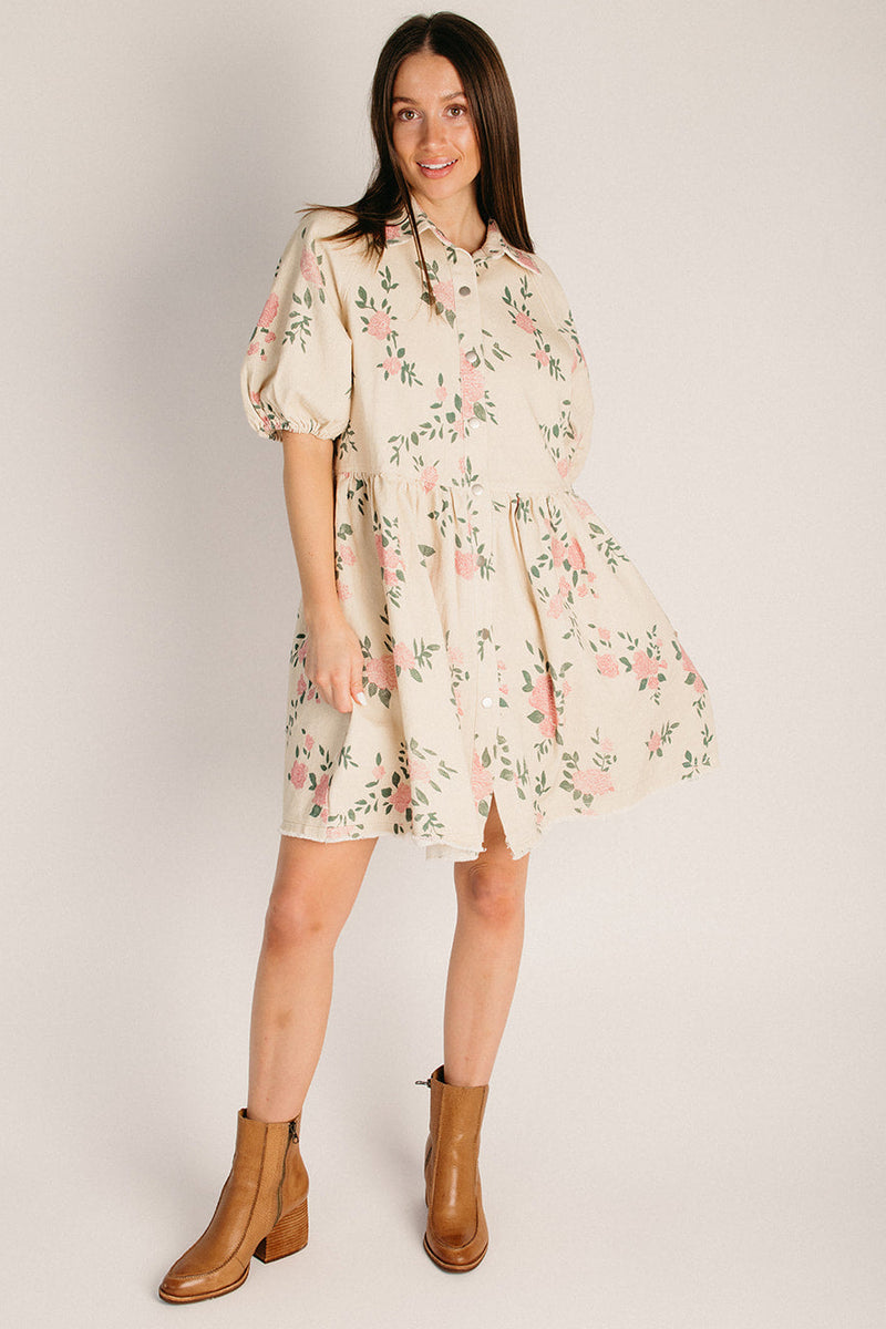 The Lerwick Floral Denim Shift Dress in Ecru + Blush X-Large