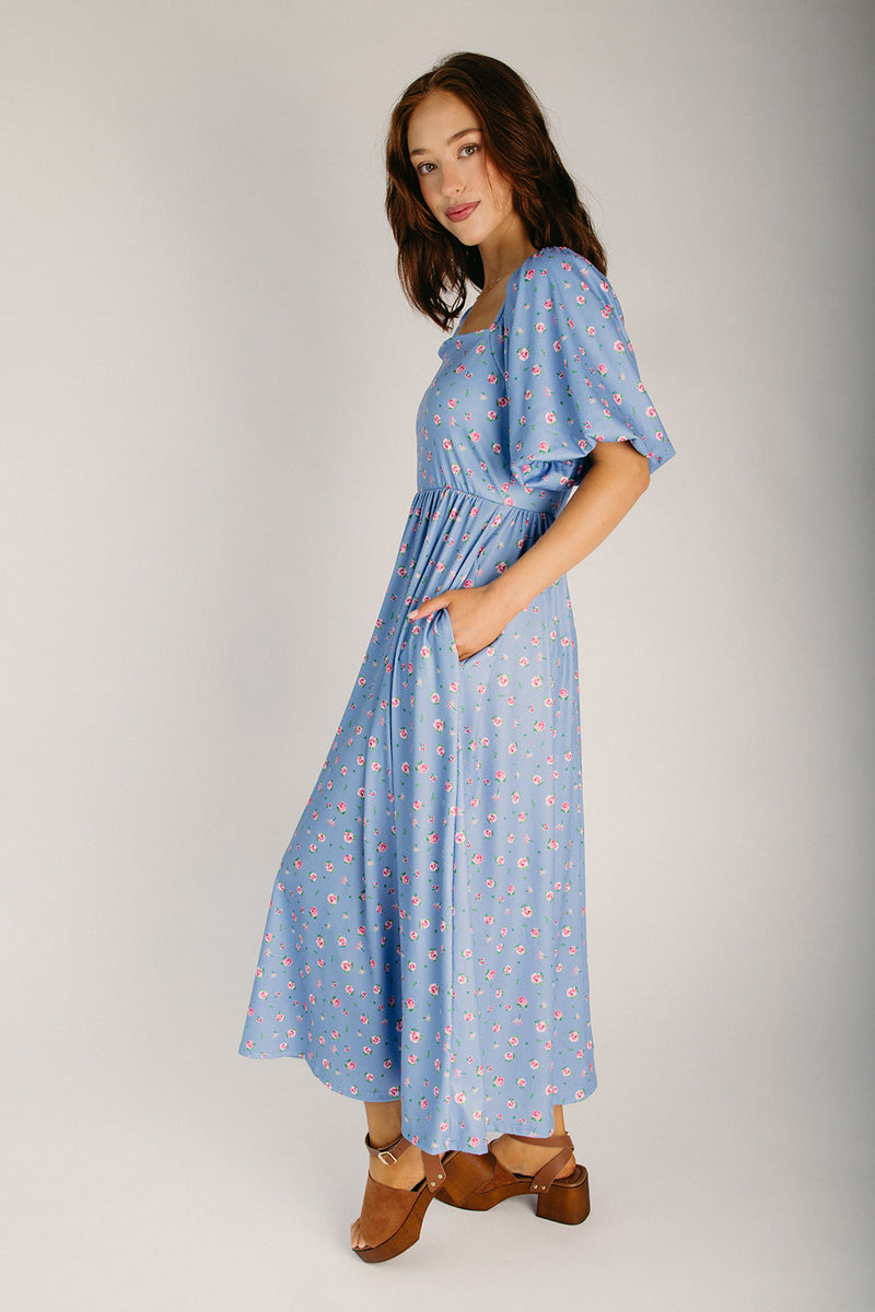 The Gilmer Bubble Sleeve Midi Dress in Light Denim – Piper & Scoot