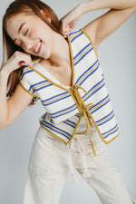 The Jannet Tie Front Vest in Cream + Blue Stripe