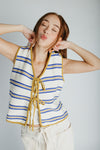 The Jannet Tie Front Vest in Cream + Blue Stripe