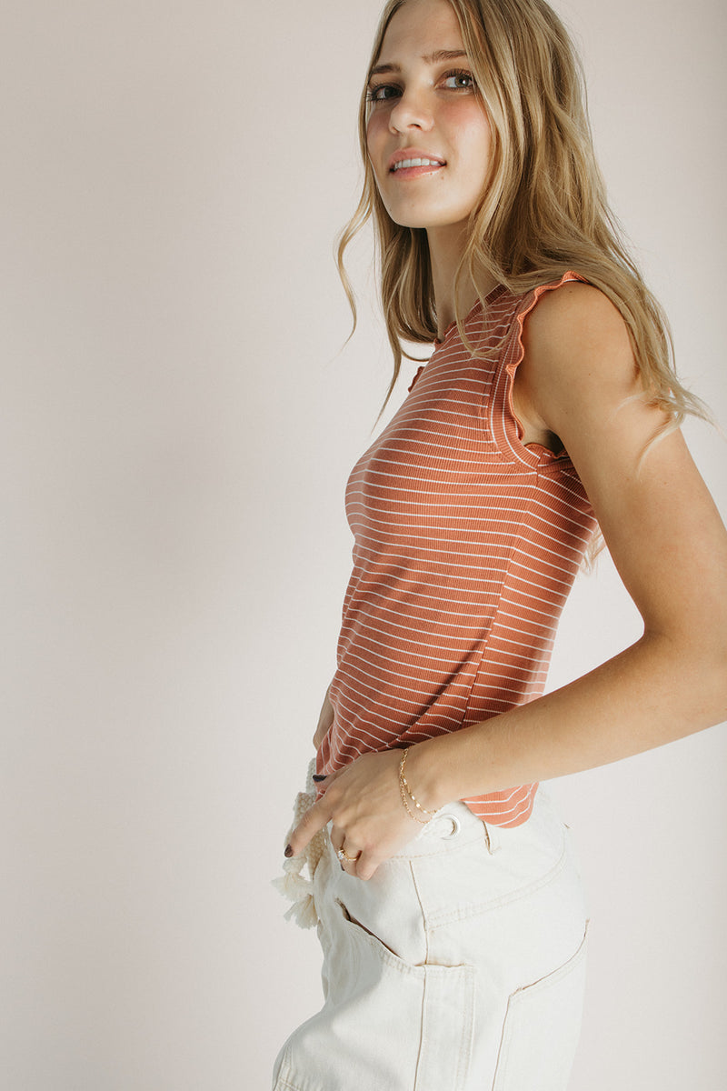 The Gianni Striped Ruffle Tank in Rust
