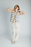 The Jannet Tie Front Vest in Cream + Blue Stripe
