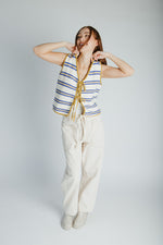 The Jannet Tie Front Vest in Cream + Blue Stripe