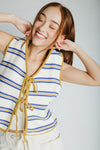 The Jannet Tie Front Vest in Cream + Blue Stripe