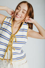 The Jannet Tie Front Vest in Cream + Blue Stripe