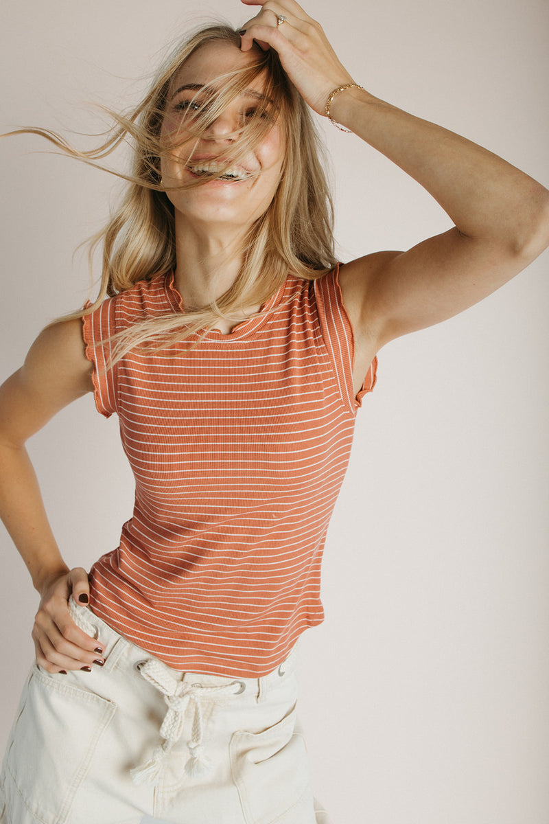 The Gianni Striped Ruffle Tank in Rust