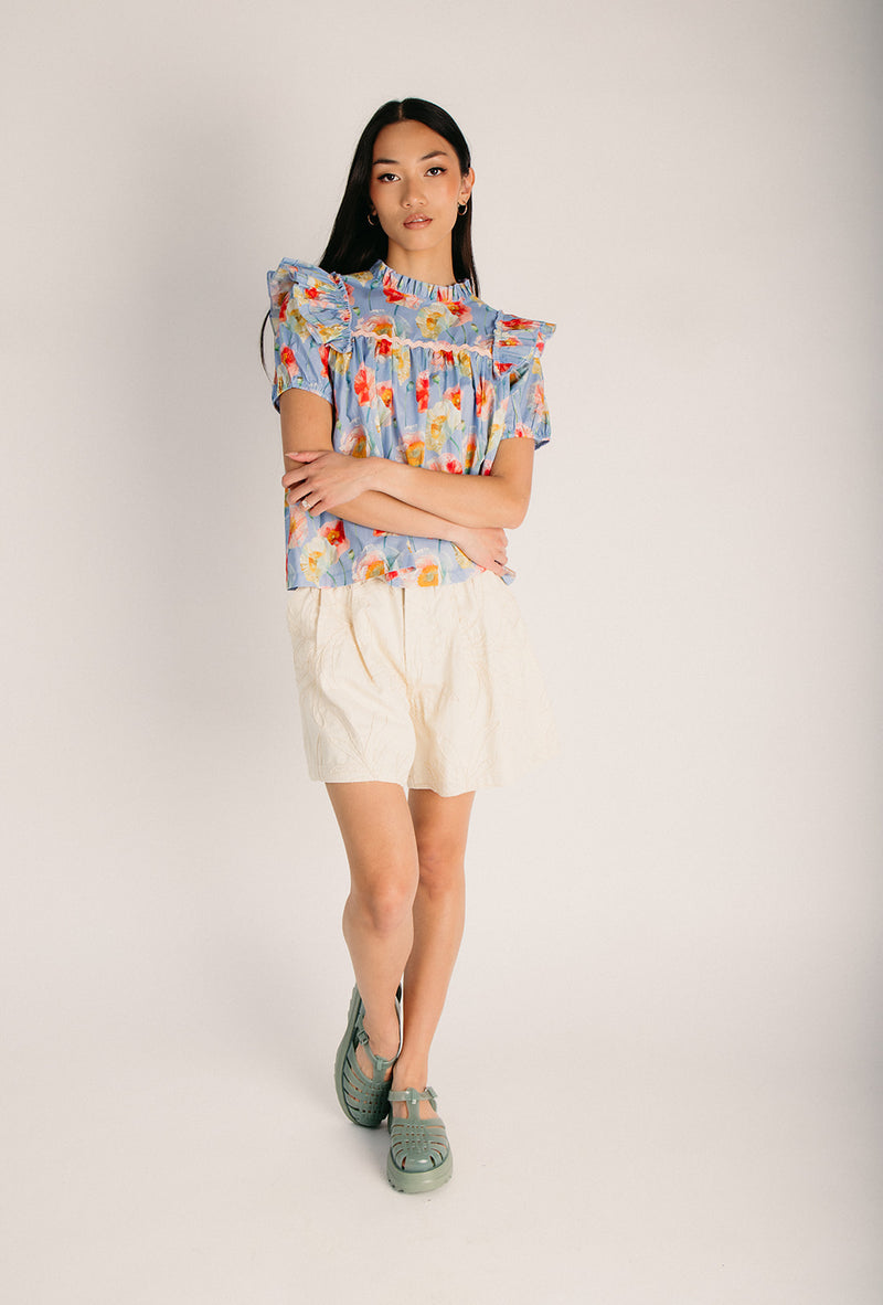 Tim Ruffle The Timothy Floral Ruffle Detail Blouse in Blue Multi – Piper & Scoot