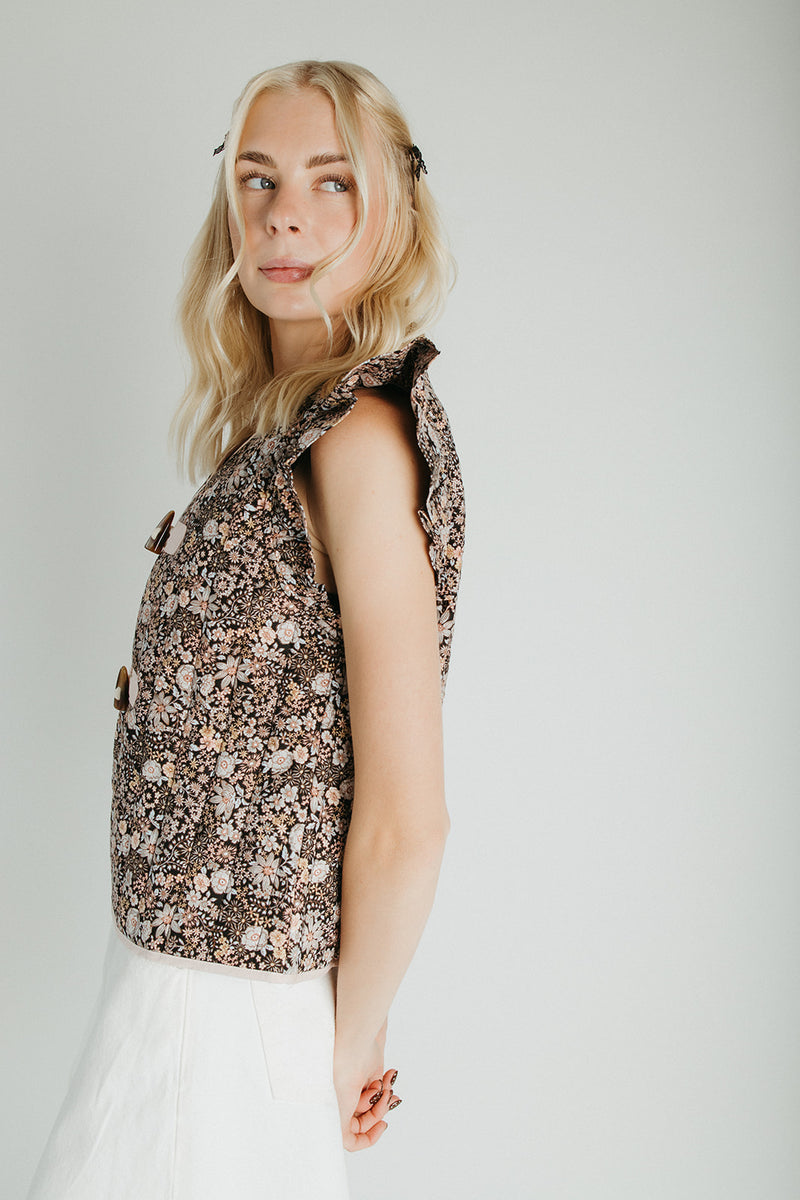The Galvez Button-Up Vest in Black Floral