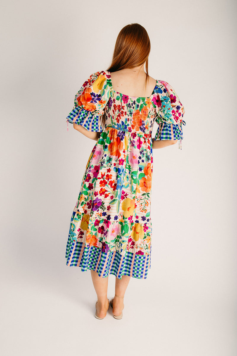 midi dress colorful The Roylston Mixed Pattern Midi Dress in Carnival Bloom Small