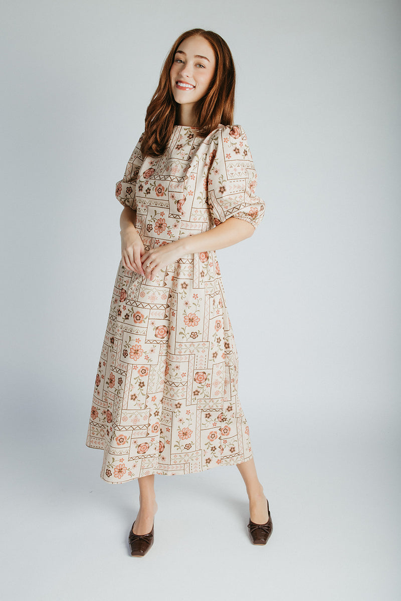 The Joanne Stitch Print Midi Dress in Natural Multi