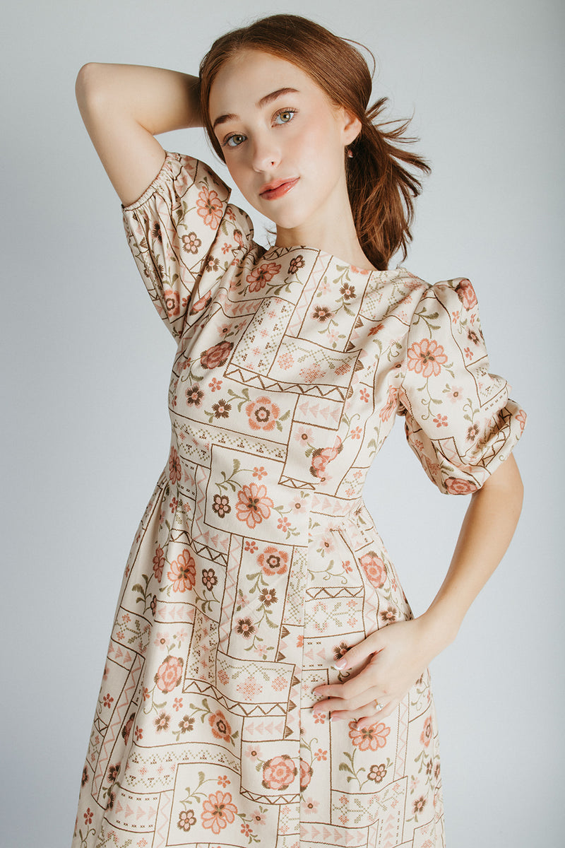 The Joanne Stitch Print Midi Dress in Natural Multi