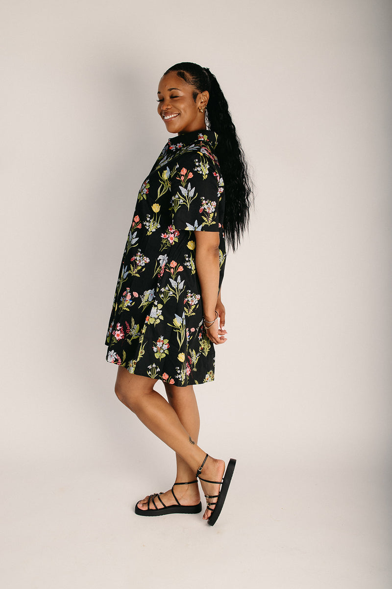 black floral shirt dress Clover Shirt Dress / Black Mini Floral + Vintage White Toile Print Cotton Voile