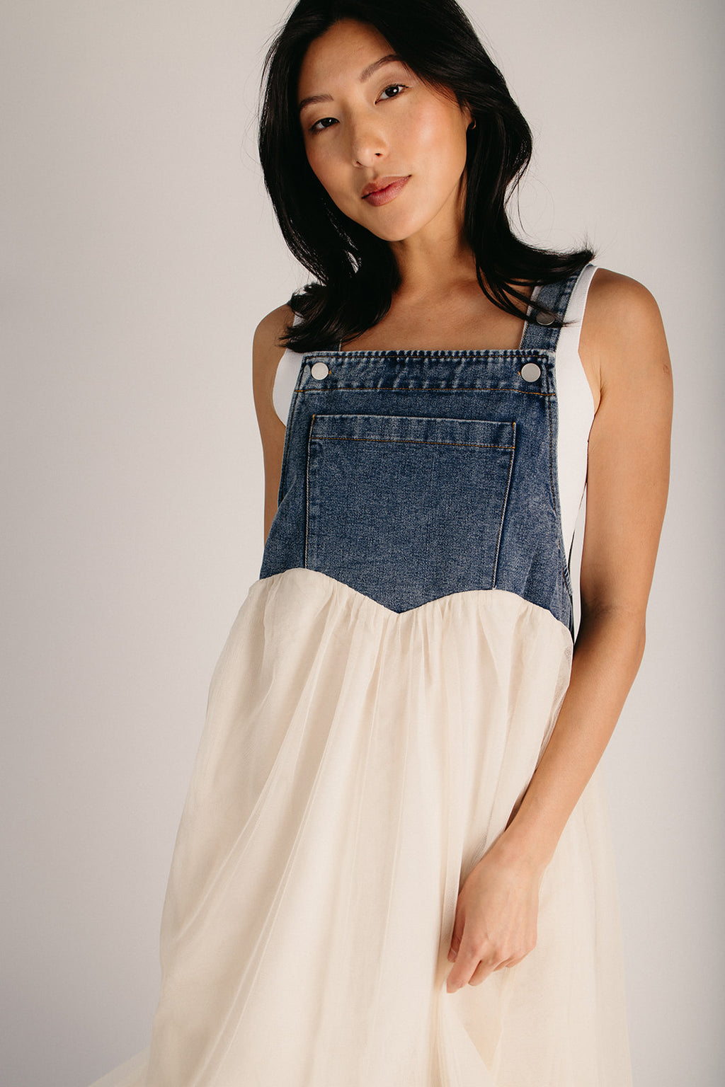 The Hellen Denim Overall Dress in Denim + Cream 3X-Large The Hellen Denim Overall Dress in Denim + Cream 3X-Large