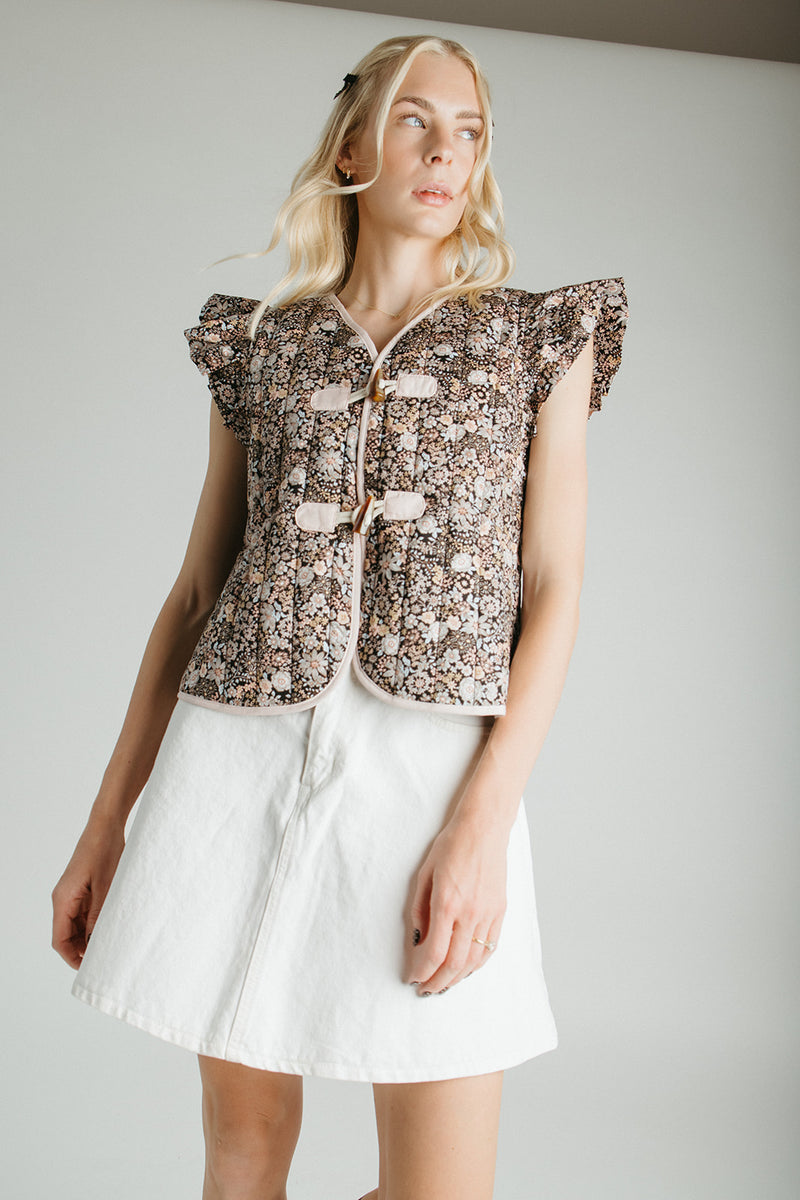 The Galvez Button-Up Vest in Black Floral
