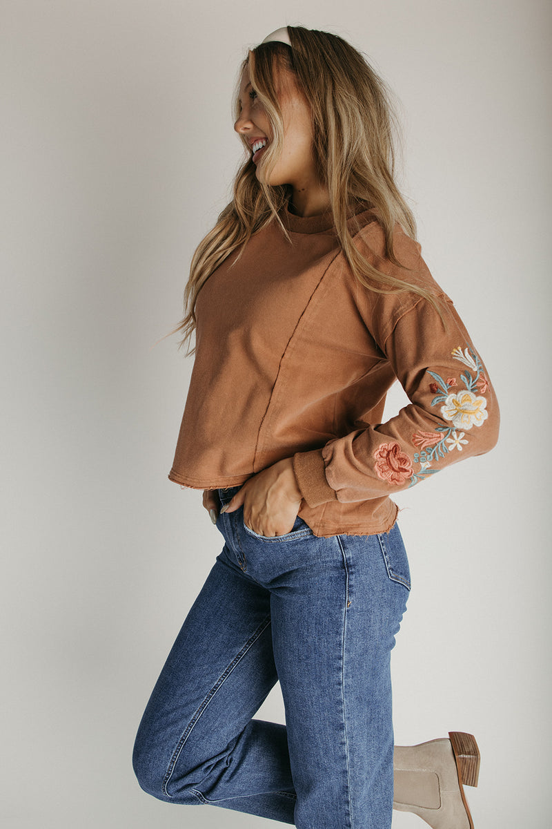 The Cannon Floral Embroidered Blouse in Washed Caramel