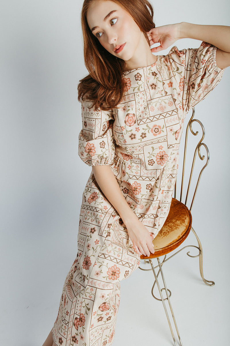 The Joanne Stitch Print Midi Dress in Natural Multi