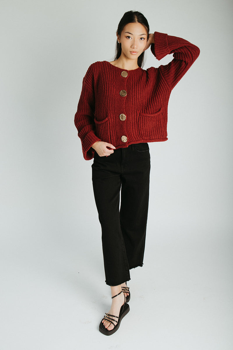 The Jeanette Button Front Cardigan in Burgundy