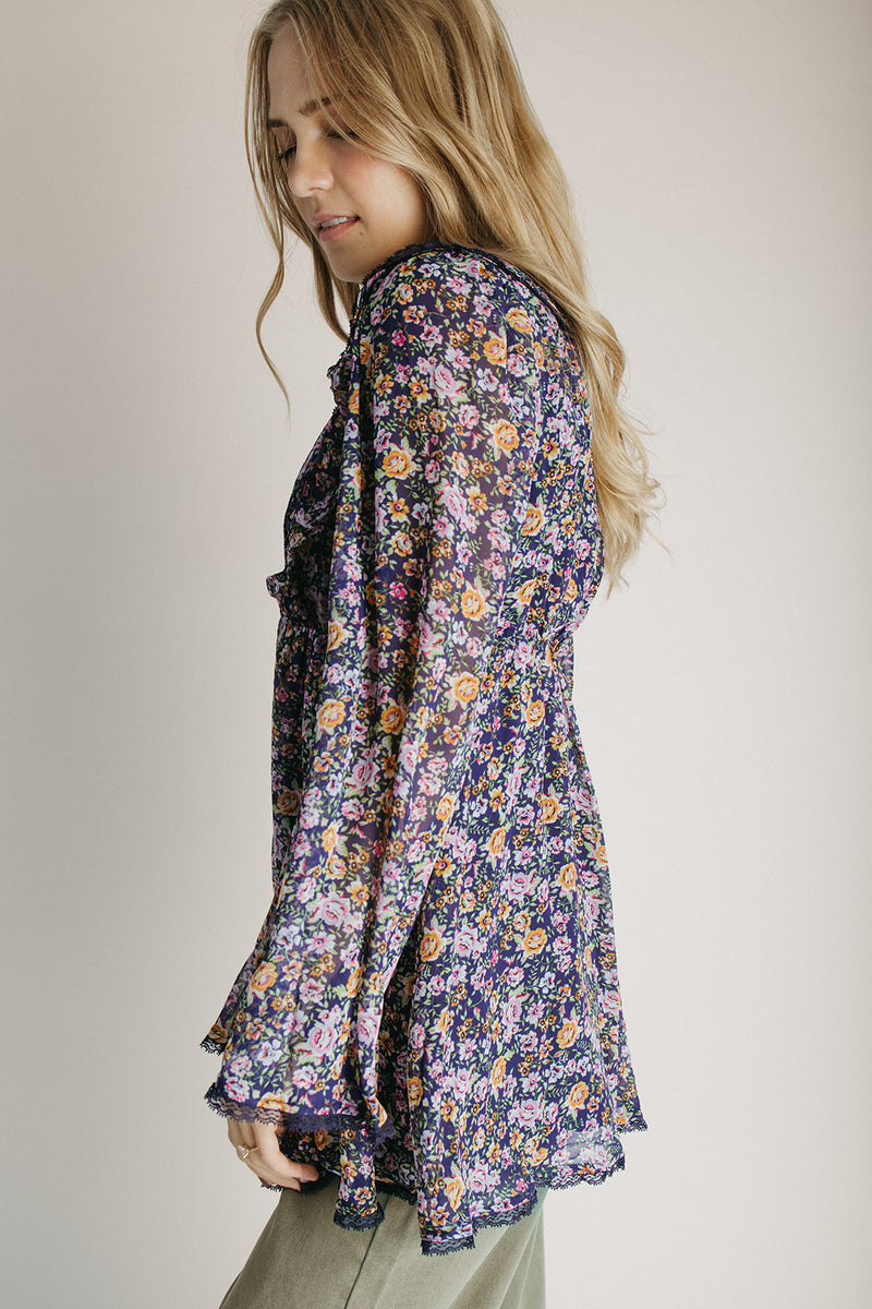 The Crowley Floral V-Neck Blouse in Navy