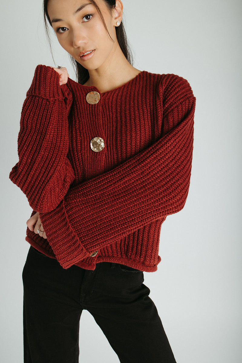 The Jeanette Button Front Cardigan in Burgundy