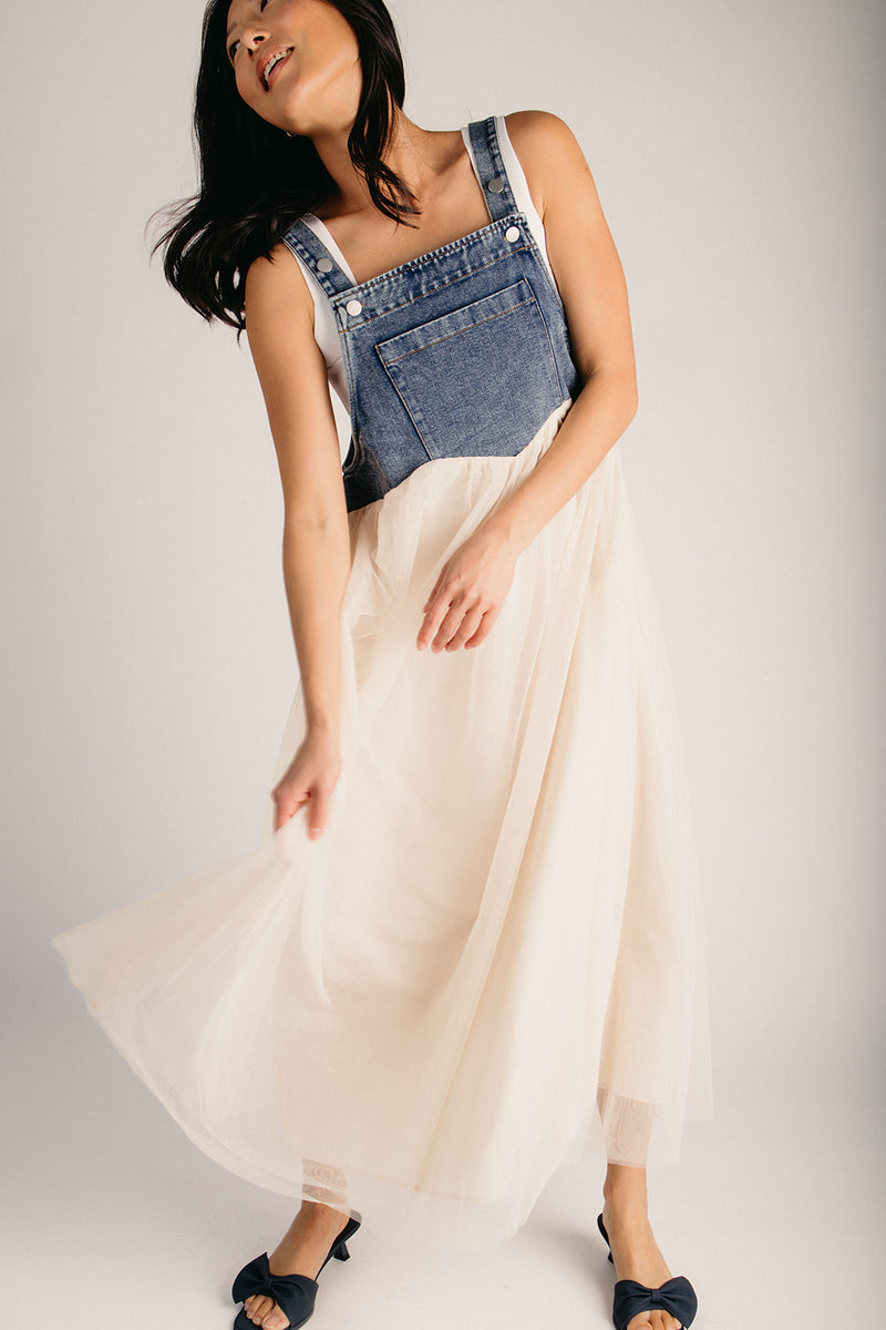 The Hellen Denim Overall Dress in Denim + Cream 3X-Large The Hellen Denim Overall Dress in Denim + Cream 3X-Large