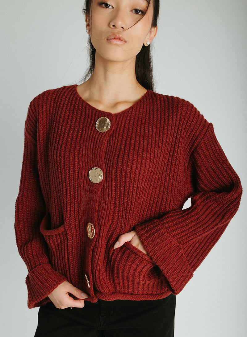 The Jeanette Button Front Cardigan in Burgundy