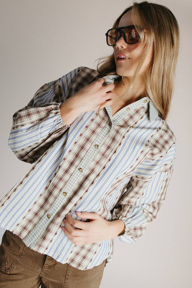 The Hartley Button-Up Blouse in Walnut Combo