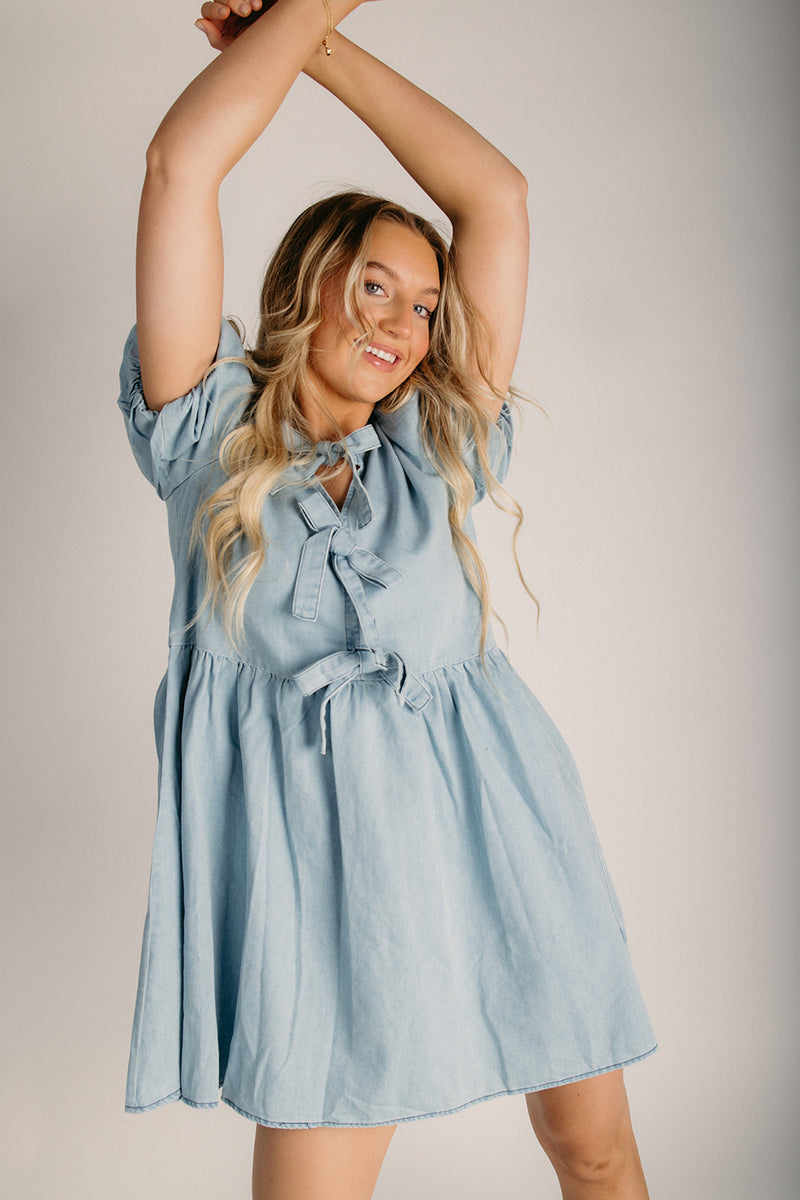 The Delgroso Puff Sleeve Denim Dress in Light Wash Large