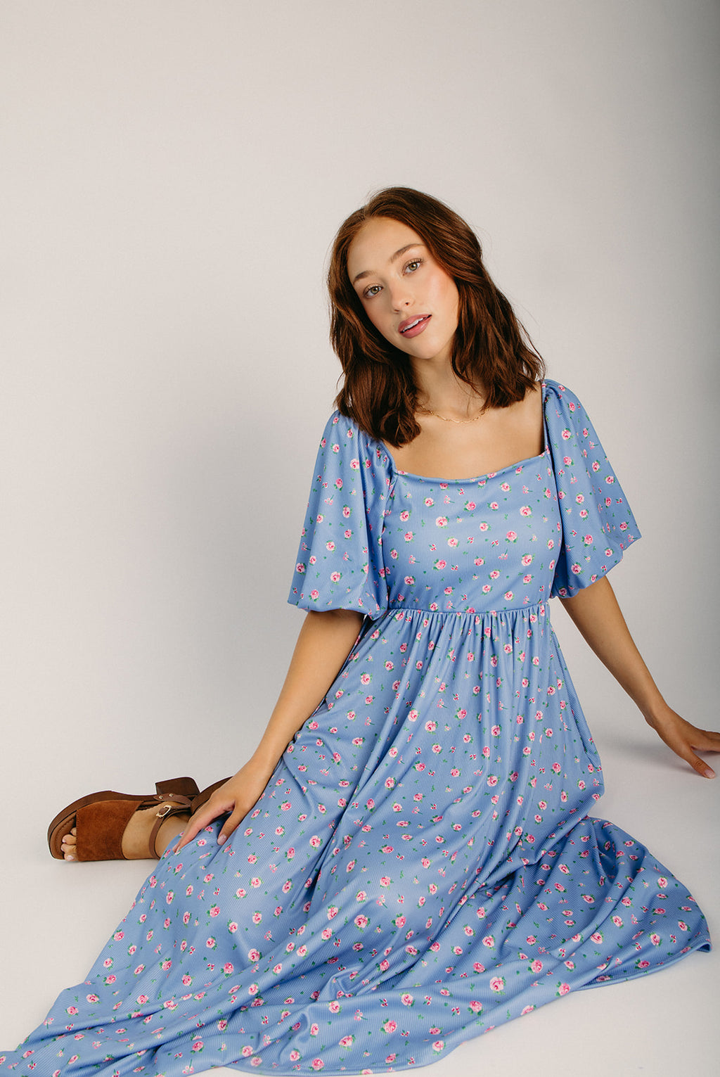 The Gilmer Bubble Sleeve Midi Dress in Light Denim 3X-Large