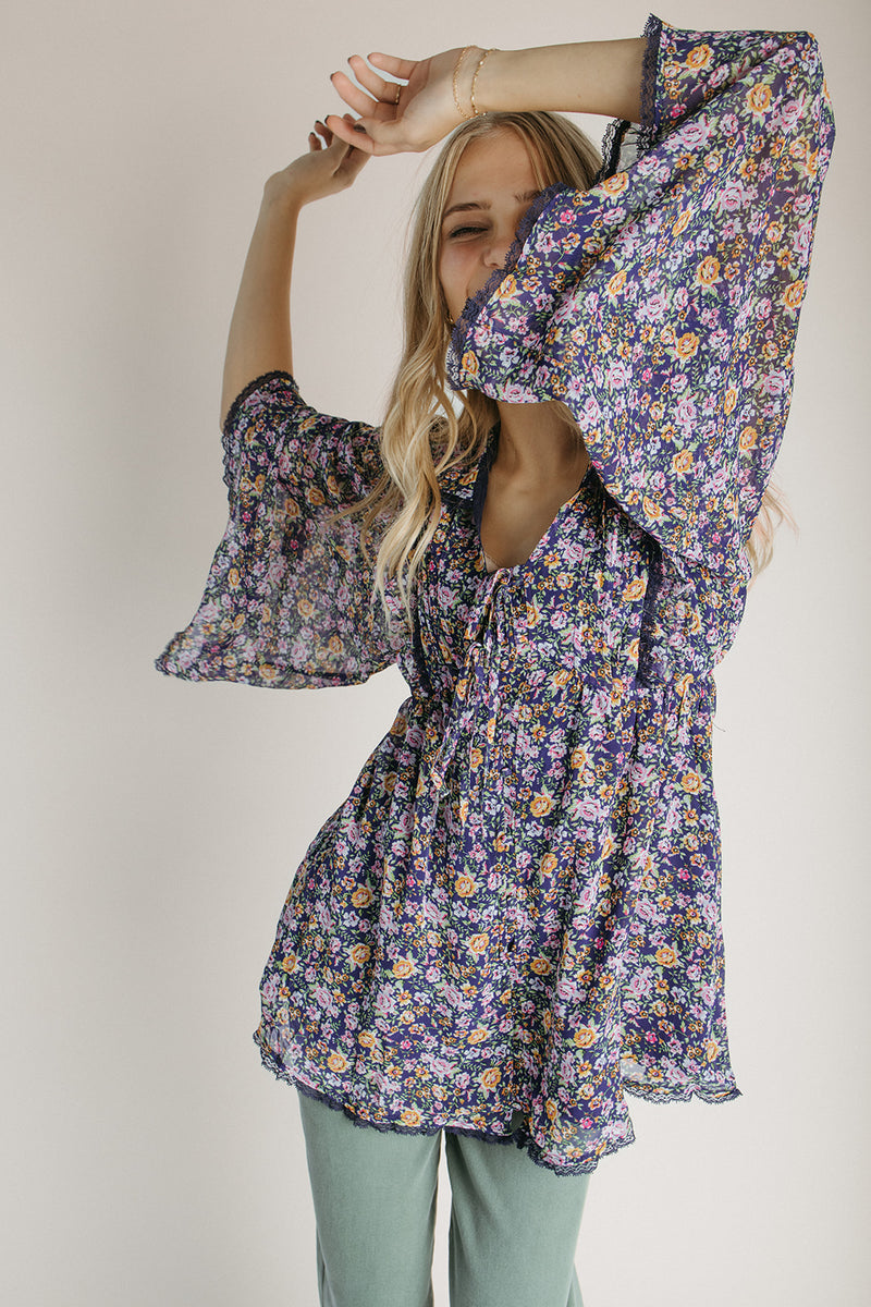 The Crowley Floral V-Neck Blouse in Navy