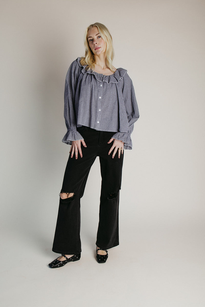 The Donaldson Gingham Ruffle Blouse in Black