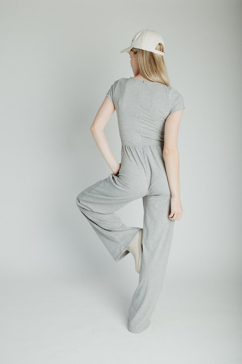 The Vecina Ribbed Jumpsuit in Heather Grey