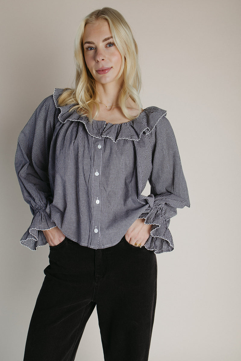 The Donaldson Gingham Ruffle Blouse in Black