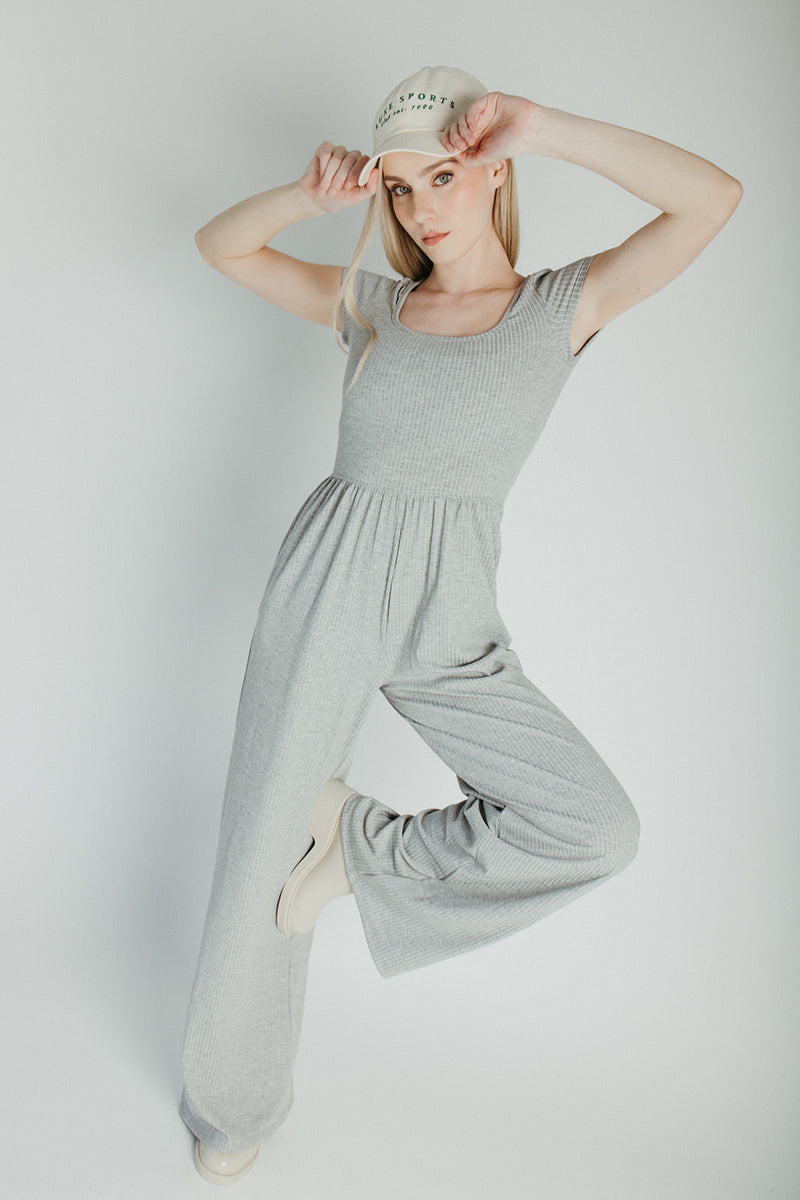 The Vecina Ribbed Jumpsuit in Heather Grey