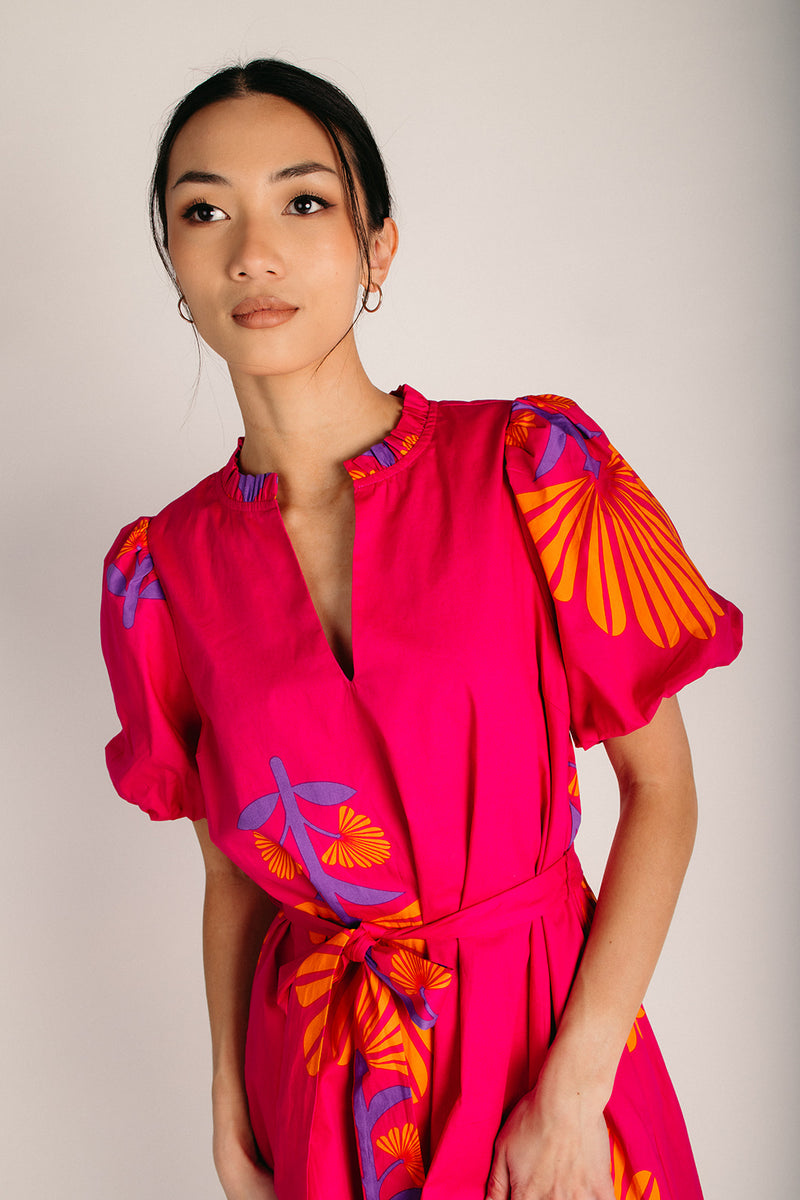 The Krane Puff Sleeve Midi Dress in Fuchsia + Orange X-Small The Krane Puff Sleeve Midi Dress in Fuchsia + Orange X-Small