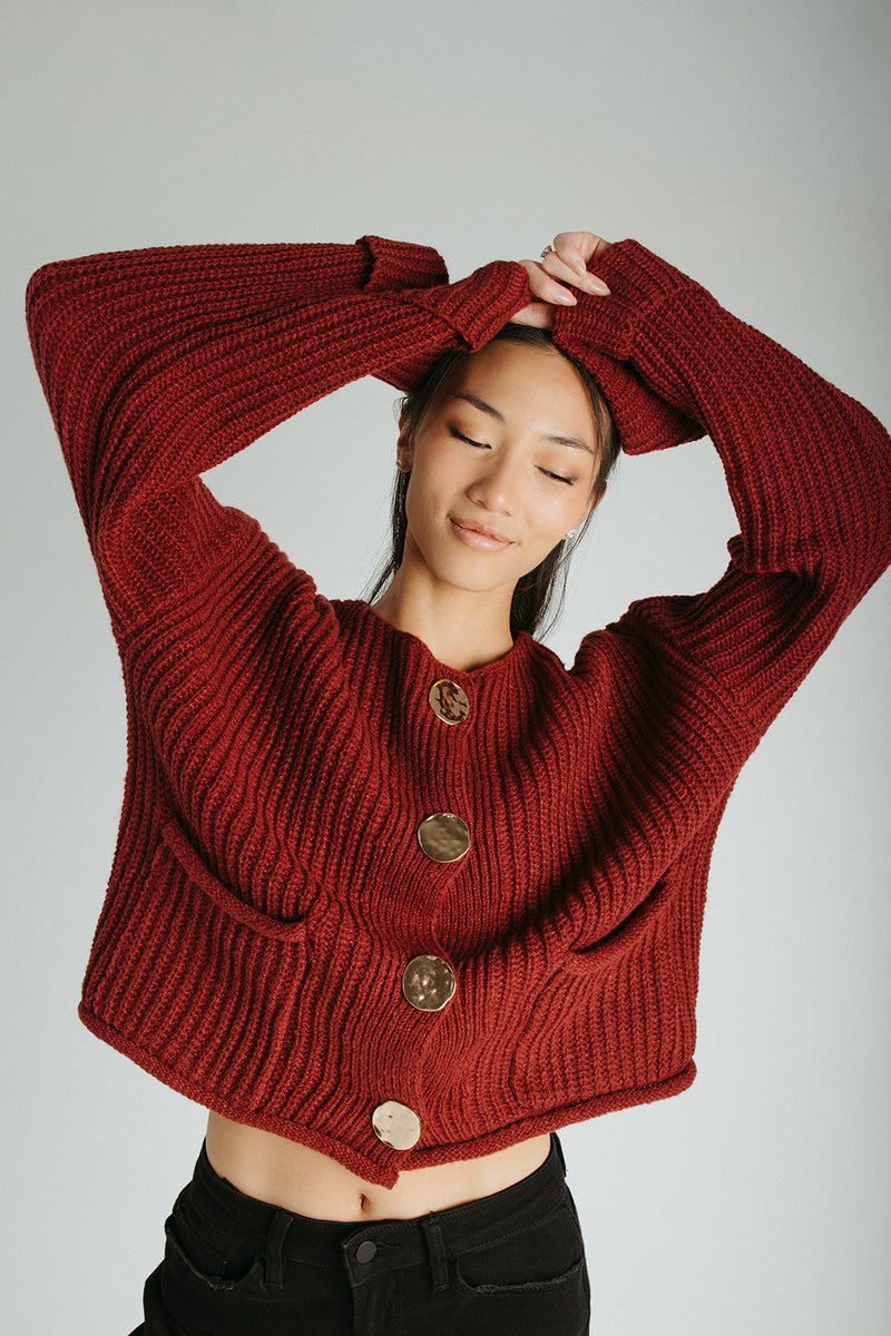 The Jeanette Button Front Cardigan in Burgundy